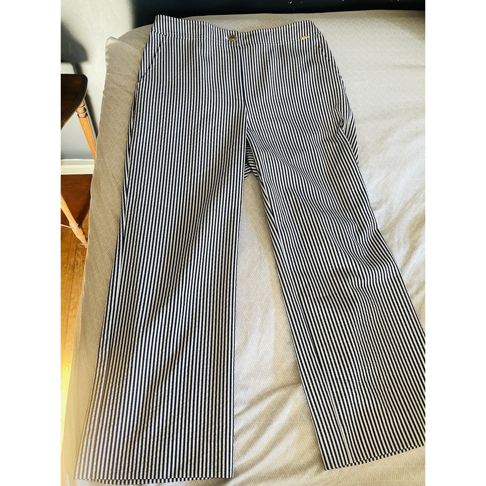 St John Navy White Stripe Ankle Pants Women 6 Seersucker Coastal Luxury